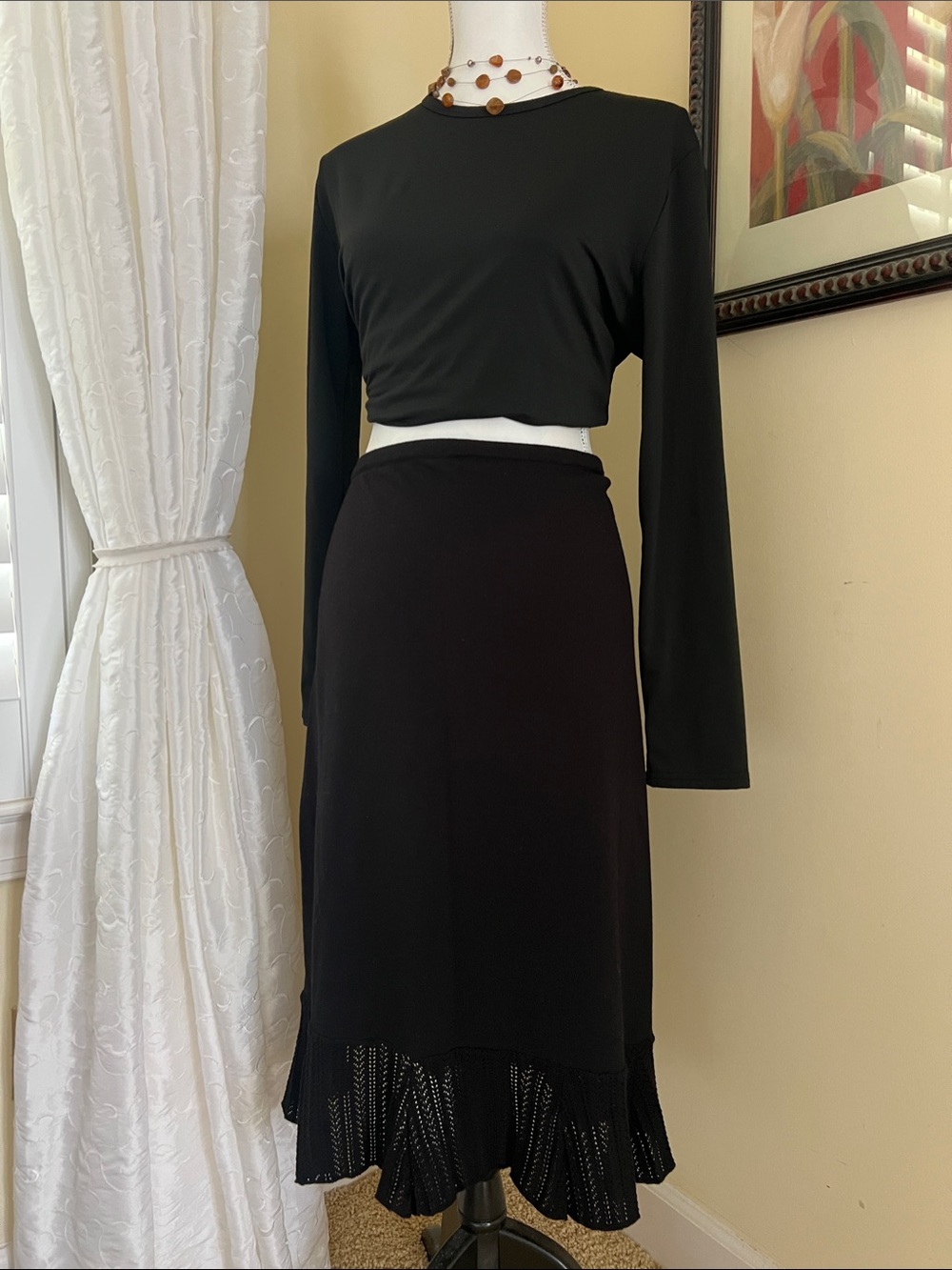ANTONIO MELANI Black Midi Skirt with Ruffled Hem Trim